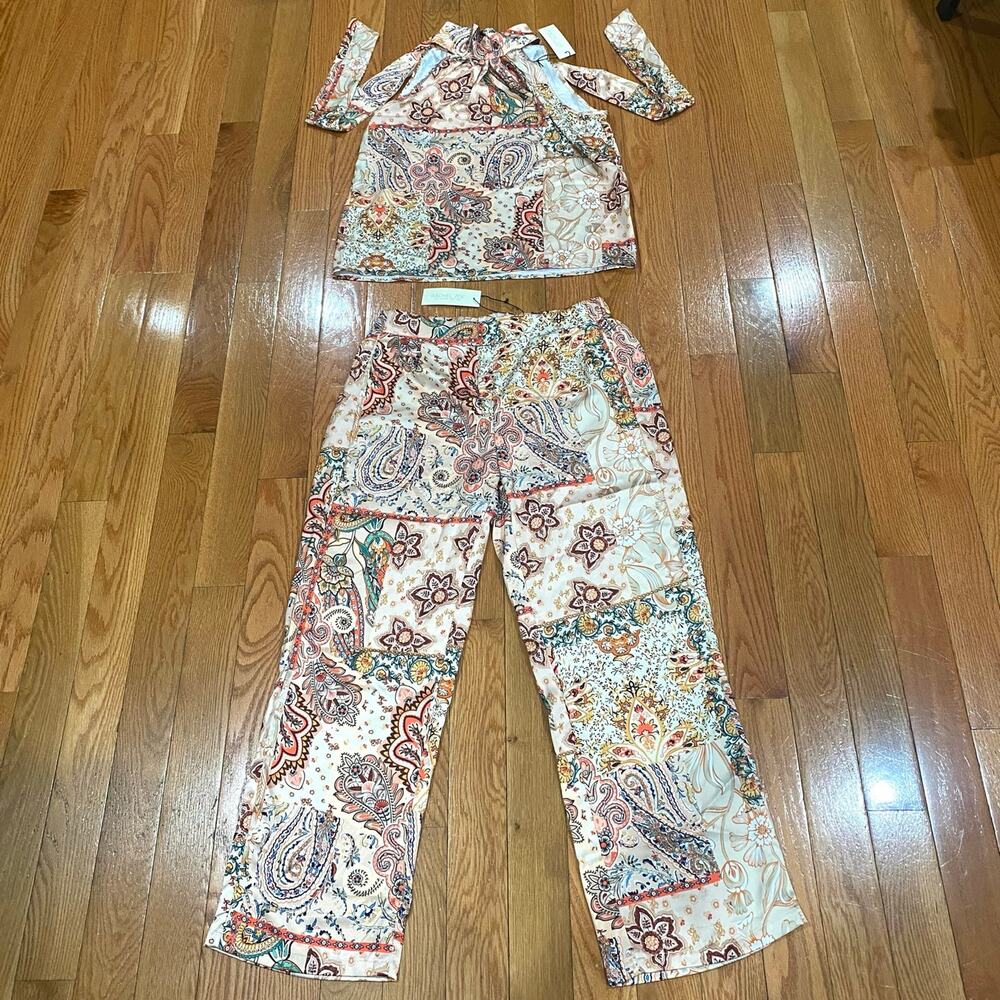 NWT Rachel Zoe Floral Satin Halter Tie Wide Leg 2-Piece Jumpsuit Women's Size XL